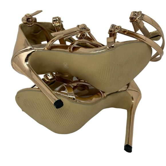 Women Multi Buckle Knee High Gold Heel Gladiator Sandals EU 36/US 6 - Picture 4 of 5
